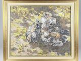 an image of a painting of rocks and leaves in a gold frame