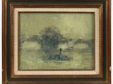 a painting of a man in a boat on a river