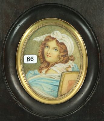 tableau représentant une jeune fille vêtue d'une robe bleue et coiffée d'un chapeau blanc