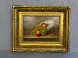 a picture of a painting of grapes and an apple on a table