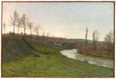 tableau représentant un tableau d'une rivière dans un champ bordé d'arbres