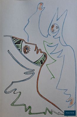 a drawing of a woman with a hat on her head