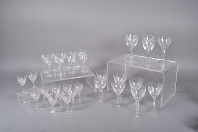 many wine glasses on a clear shelf on a white background