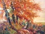 an oil painting of a path in a wooded area with trees in the foreground