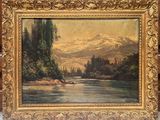 an oil painting of a river with mountains in the background