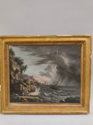 une image représentant un tableau d'un navire sur une mer agitée