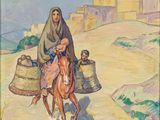 une image représentant un tableau où l'on voit une femme à cheval, avec des paniers sur le dos