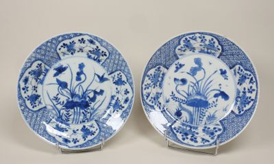 deux assiettes bleues et blanches ornées de fleurs et d'oiseaux