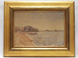 une peinture à l'huile représentant une scène de plage avec des rochers dans l'eau