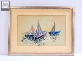 un tableau représentant trois bateaux flottant sur l'eau