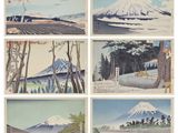 four different views of a mountain with a few trees in the foreground and a few people in the foreground