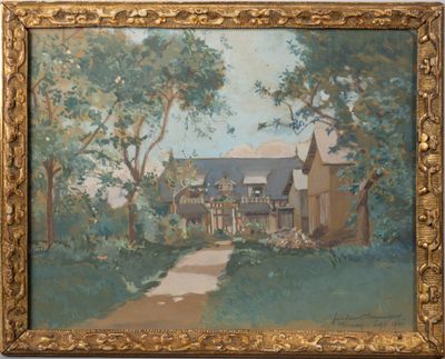 une peinture à l'huile représentant une maison et un sentier dans un environnement boisé