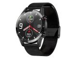 a black smart watch on a white background with a red second hand
