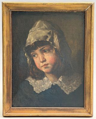 portrait d'une jeune fille portant un bonnet et une robe bleue
