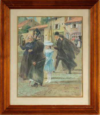une image représentant une peinture d'une famille marchant dans une rue
