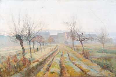 l'image d'une peinture d'un champ avec des arbres en arrière-plan