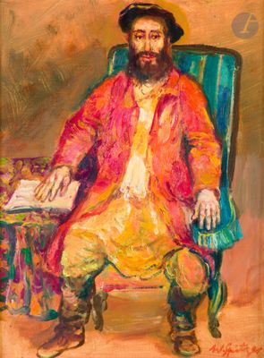 a painting of a man sitting in a chair with a book