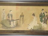 a painting of a group of people sitting on a bench