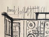 a black and white drawing of a room with a clock on the wall