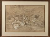 painting of flowers in a wood frame on a wall