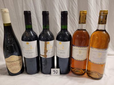 several bottles of wine are lined up on a table