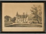 un vieux dessin représentant un château dans un champ, avec un homme assis sur un banc