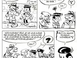 a black and white comic strip with a cartoon of a group of people talking to each other