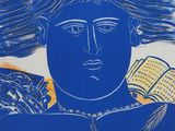 une affiche bleue sur laquelle figure une femme aux cheveux longs