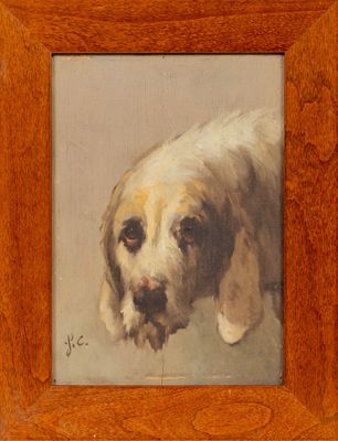 tableau représentant un chien, dans un cadre en bois, sur fond blanc