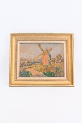 une photo d'un tableau représentant un moulin à vent accroché au mur