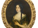 an oval portrait of a woman in a green dress with braids