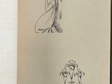 an open book with a drawing of a woman holding a sword
