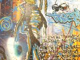 Un graffiti sur le mur d'une cabine de toilettes représente une femme aux cheveux longs