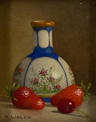 painting of a blue and white vase with strawberries on a table