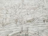 dessin représentant une vue de ville avec une tour horloge au loin