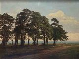 une photo d'un tableau représentant des arbres sur une colline