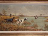 an oil painting of two dogs and a duck in the water