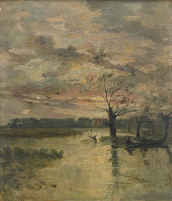 an image of a painting of a river with a boat in the water