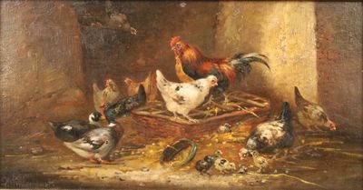 tableau représentant un groupe de poulets et de poules dans une grange