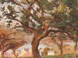 an oil painting of trees in a field with a house in the background