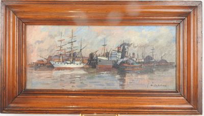 une peinture à l'huile représentant des bateaux dans un port, dans un cadre en bois