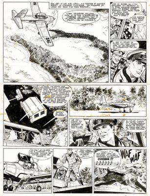 une page d'une bande dessinée sur laquelle on voit un avion qui survole le décor