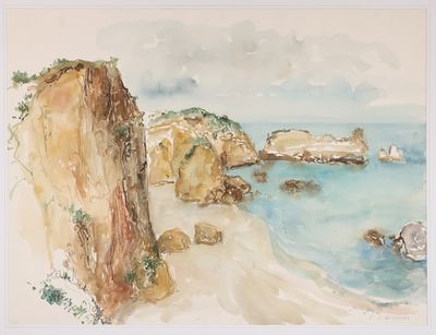 une aquarelle représentant une plage avec des rochers et de l'eau