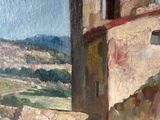an oil painting of a building on a hill with a sky background