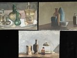three paintings of vases and bottles on a table with a black background