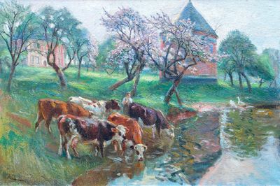 tableau représentant des vaches buvant l'eau d'un ruisseau devant une église