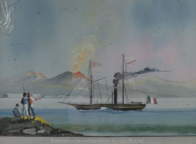 une peinture représentant un bateau sur l'eau, avec un homme debout à côté
