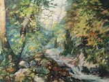 un tableau représentant un ruisseau traversant une forêt