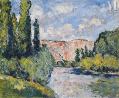 l'image d'une peinture représentant une rivière avec des arbres au premier plan