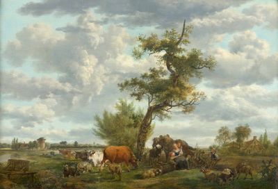 un tableau représentant un groupe de personnes et d'animaux dans un champ